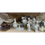 Lladro figures together with a Nao figure, Royal Doulton figure, champagne glasses,