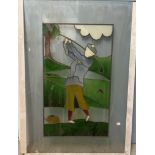 A stained glass panel of a golfer