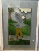 A stained glass panel of a golfer