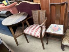 A pine cricket table together with an elbow chair and a bedroom chair