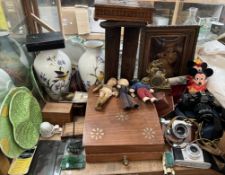 A Crystoleum of a young girl and a puppy together with a gilt metal mantle clock, Nikon camera,