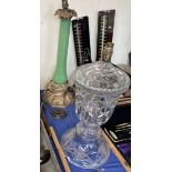 A large cut glass table lamp together with a gilt metal and green glass table lamp