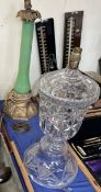 A large cut glass table lamp together with a gilt metal and green glass table lamp