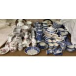 A James Dean pottery part tea service together with blue and white pottery jugs,