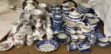 A James Dean pottery part tea service together with blue and white pottery jugs,