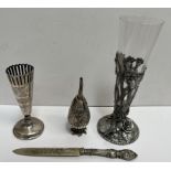 A Royal Selangor pewter and glass vase together with a white metal pedestal scent bottle,