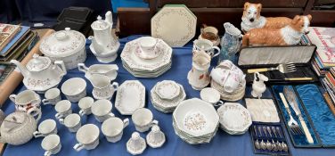 A Johnson Brothers part dinner set together with Staffordshire type dogs, other part tea sets,