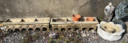 A pair of pottery planters of rectangular form together with two figures and other planters