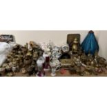 A brass carriage foot warmer together with brass candlesticks, gaudy Welsh pottery jugs,