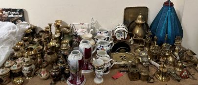 A brass carriage foot warmer together with brass candlesticks, gaudy Welsh pottery jugs,