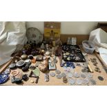 Various netsukes together with cap badges, vesta cases, cigarette case, coins,