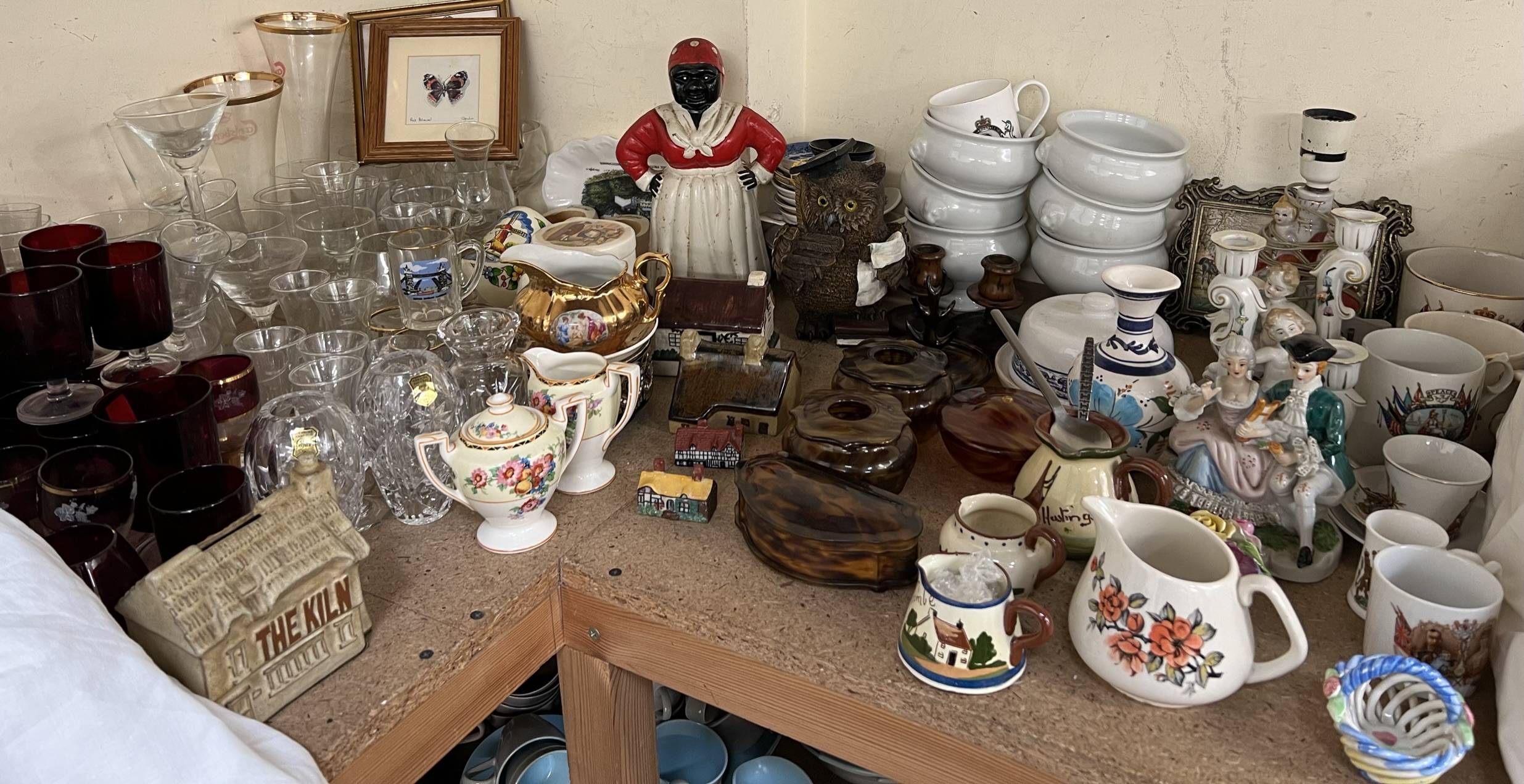 Model cottages together with ruby drinking glasses, other glasswares, commemorative wares,