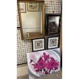 A gilt wall mirror together with Japanese textural pictures,