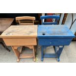 A pair of school desks with integrated chairs, one painted orange,