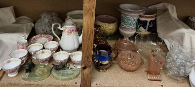 A Royal Albert Serena pattern part tea set together with onyx dog mounted ashtrays, glass dishes,