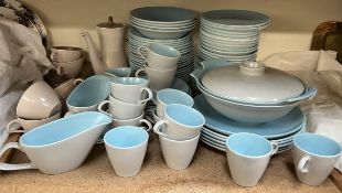 A Poole pottery part dinner set in blue and grey together with a Poole pottery part tea set in