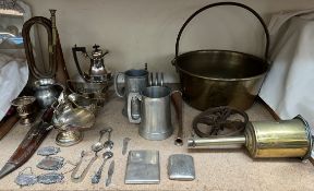 Two silver cigarette cases together with an electroplated part tea set, brass spit jack,