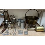 Two silver cigarette cases together with an electroplated part tea set, brass spit jack,