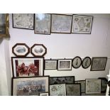 A collection of reproduction maps together with an oak framed wall mirror,