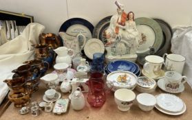 Assorted copper lustre jugs together with a child's plate, commemorative china, pewter,