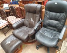 A brown leather reclining chair and footstool together with an office chair