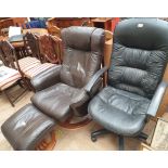 A brown leather reclining chair and footstool together with an office chair