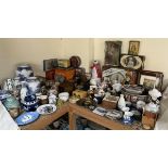A Spode blue and white pottery vase together with other pottery, oil lamps, tins, painted eggs,