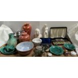 A head and shoulder portrait bust of a lady, together with wedgwood leaf dishes, assorted pottery,