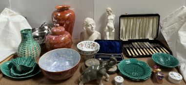 A head and shoulder portrait bust of a lady, together with wedgwood leaf dishes, assorted pottery,