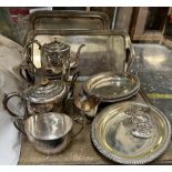 An Electroplated four piece teaset together with electroplated trays,