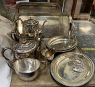 An Electroplated four piece teaset together with electroplated trays,