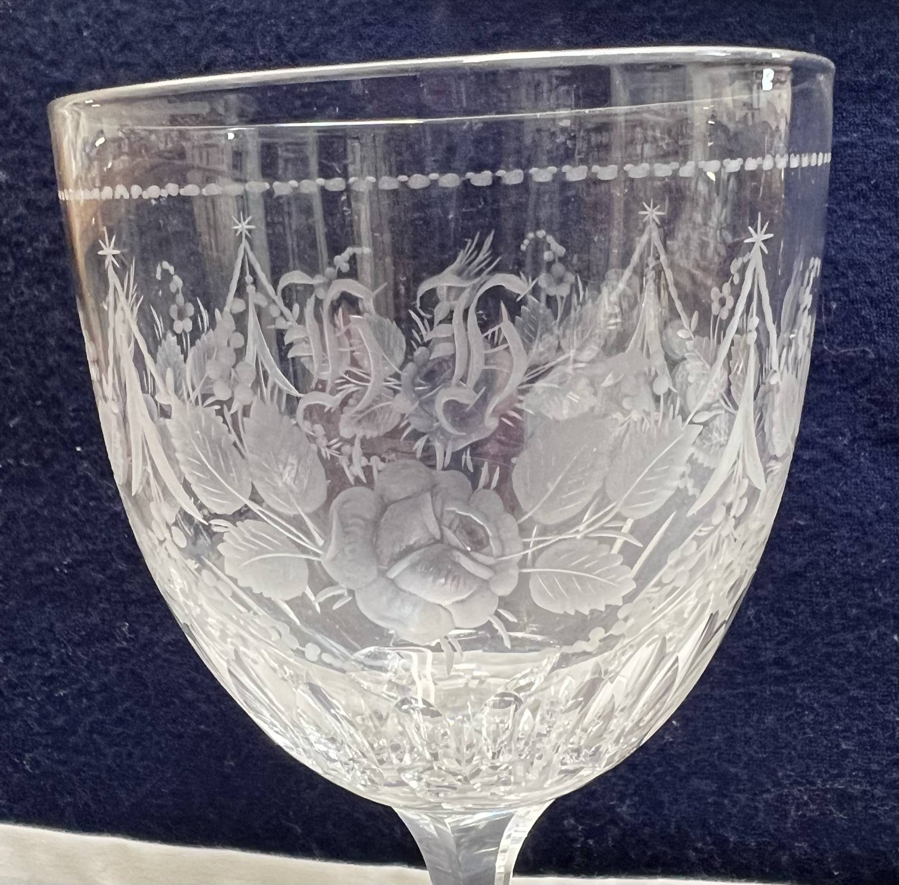 A 19th century wine glass, engraved with roses and swags, initialled "h h", - Image 2 of 3