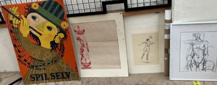 Lithograph by Alberto Giacometti Derriere le miroir Together with a football print by Bonal