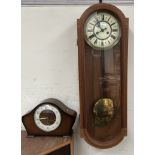 A mahogany wall clock with a circular dial and Arabic numerals together with Smiths mantle clock