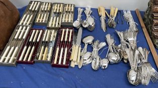 Cased knives together with assorted electroplated flatwares