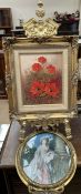 Devlin Poppies Oil on canvas Signed Together with a brass table top easel and an oval print