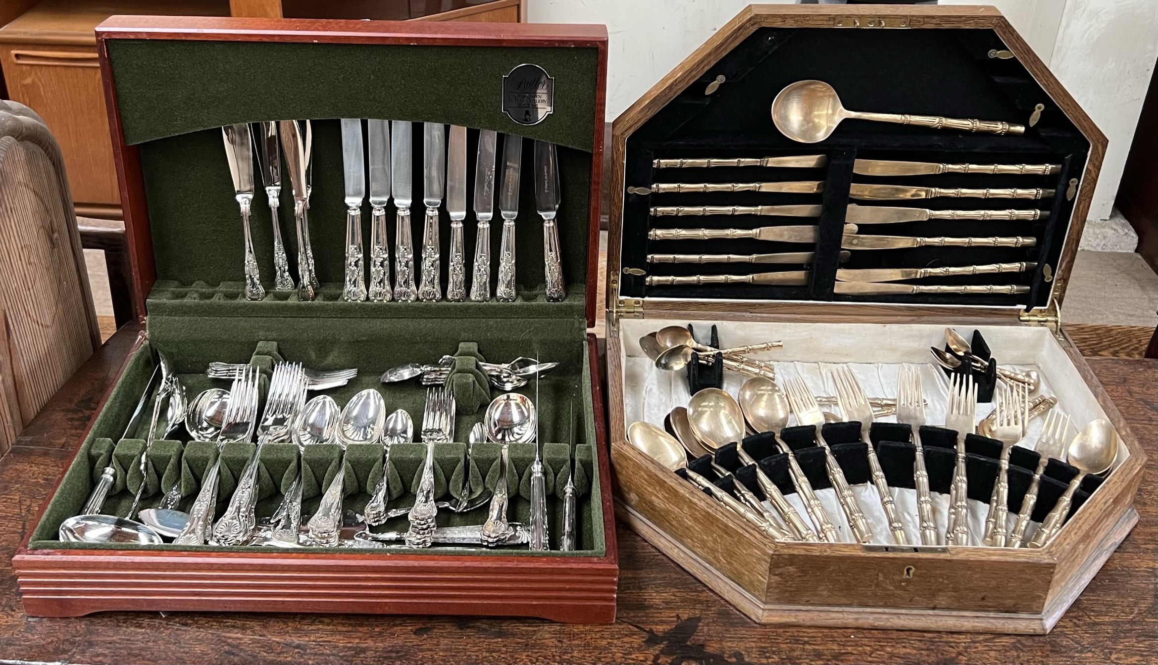 A cased electroplated Kings pattern part flatware service together with a brass faux bamboo part