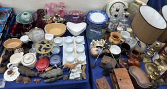 A pair of table lamps together with a Chinese ginger jar and bowl, blue and white plates,