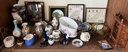 A continental porcelain dish together with assorted vases, plates, display cabinet,