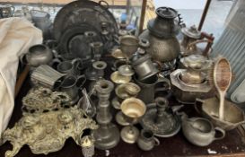 Pewter plates together with pewter candlesticks, pewter tankards, brass desk standish,