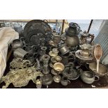 Pewter plates together with pewter candlesticks, pewter tankards, brass desk standish,