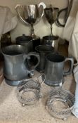 Pewter tankards together with electroplated tankard & trophies etc