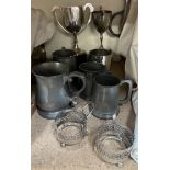 Pewter tankards together with electroplated tankard & trophies etc