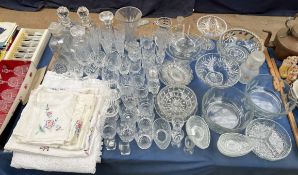 Glass decanters together with assorted drinking glasses, glass bowls,