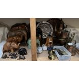 Far eastern copper pots and chargers together with horse brasses, carved and porcelain elephants,