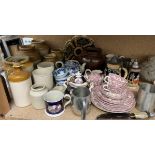 Assorted Stoneware storage jars together with a part tea set, Noritake dish, Gaudy Welsh, pewter,