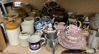 Assorted Stoneware storage jars together with a part tea set, Noritake dish, Gaudy Welsh, pewter,