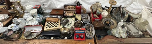 A large lot including costume jewellery, part dressing table set, cameras, Coalport figure,