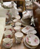 A Royal Albert American Beauty part tea service together with a candelabra and a bird etc