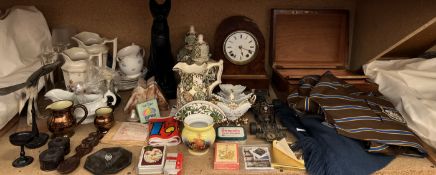 A walnut mantle clock together with Masons Appliqué pottery vases and jug, love spoon, pottery jugs,